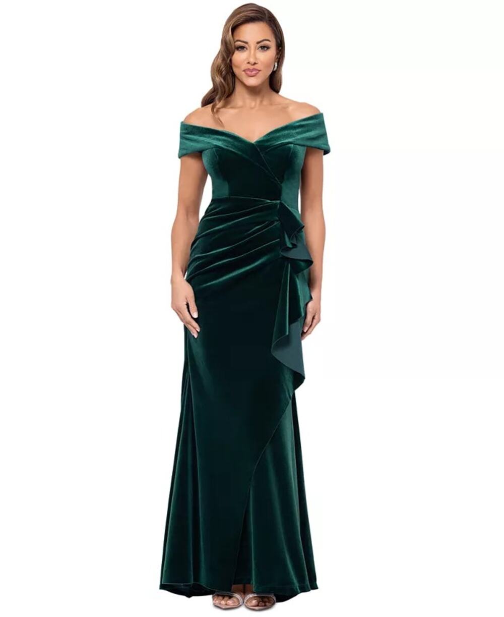 XSCAPE Petite Ruffled Off-The-Shoulder Velvet Gown Hunter P16